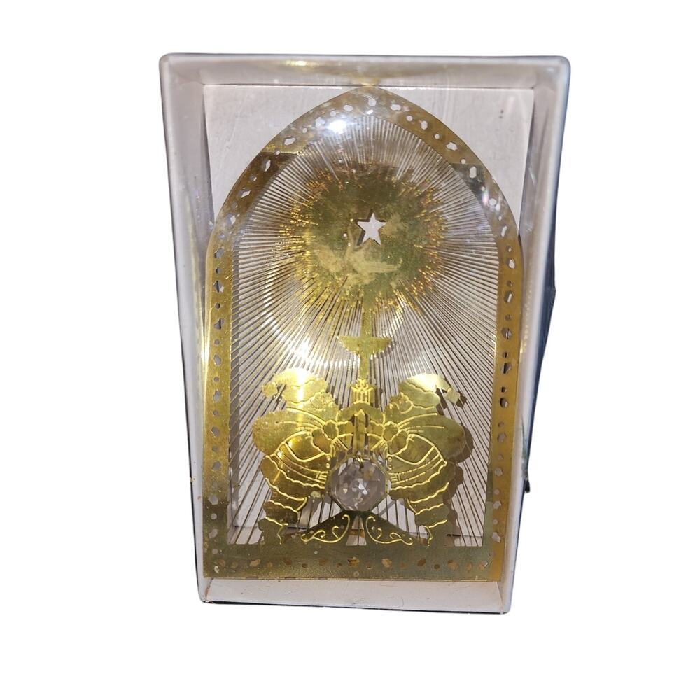 Laser Cut Brass Tea Candle holder Santa holding Candlestick Faux crystal